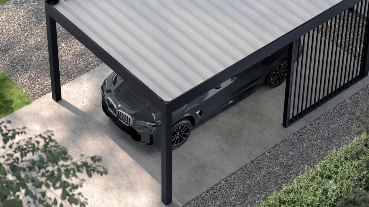 Aerial view of an aluminium carport over a driveway, showing the roof profile and slatted end screen