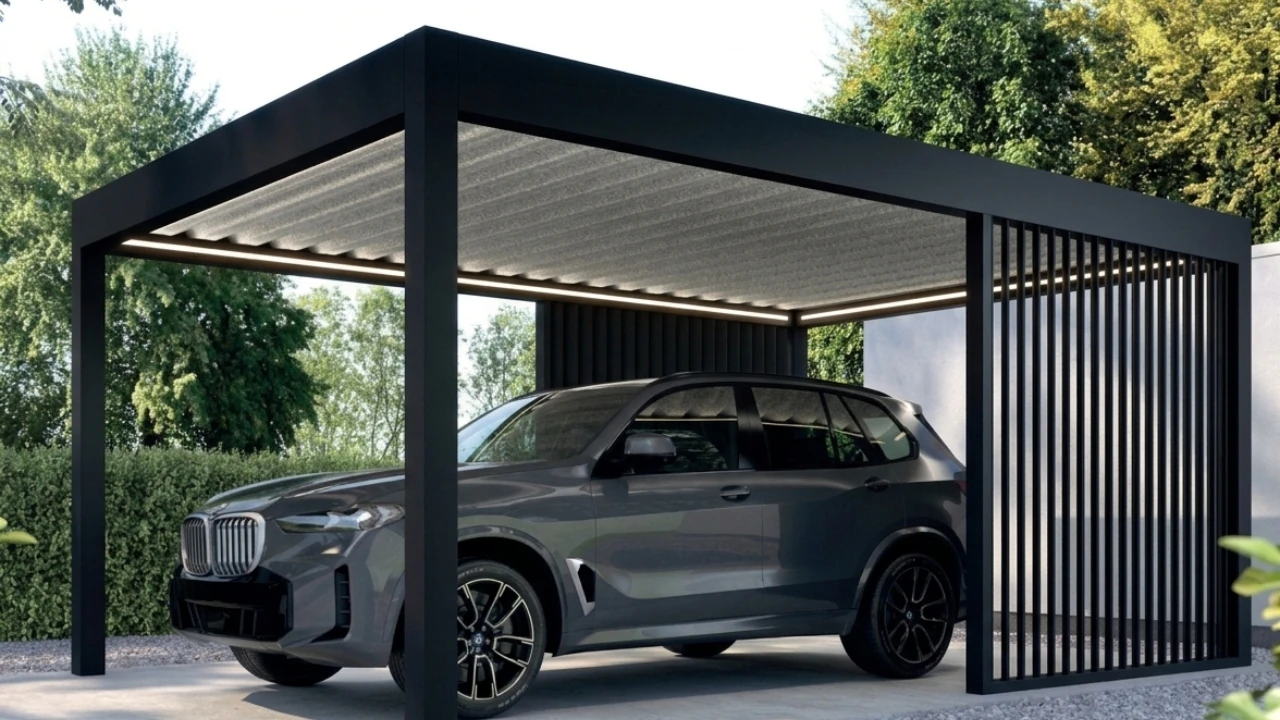 Freestanding aluminium carport with a louvred roof and slatted side screen over a parked car