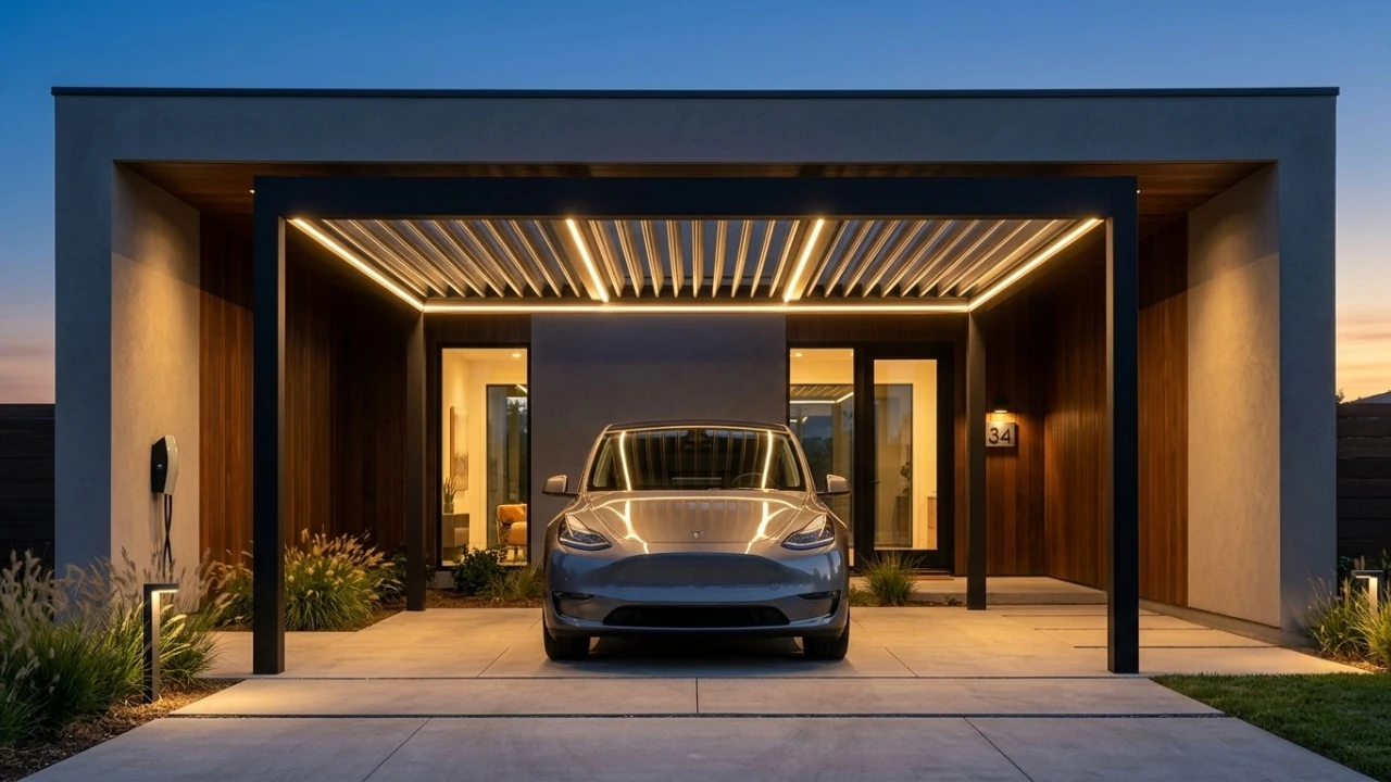 Aluminium carport lit from within at dusk, spanning the entrance of a timber-clad house