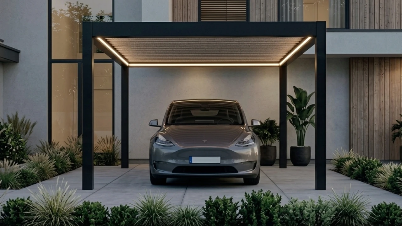 Aluminium carport with an integrated lit roof beside a modern rendered house, car parked beneath