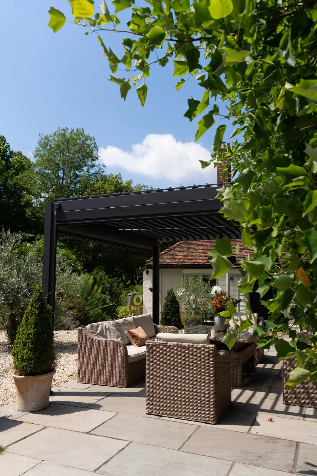 Titan aluminium pergola with the louvred roof blades open to the sky