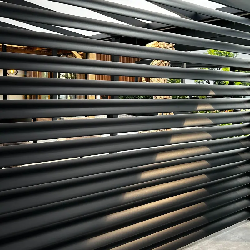 Close view through Deponti Louvres black slats with light falling across the blades